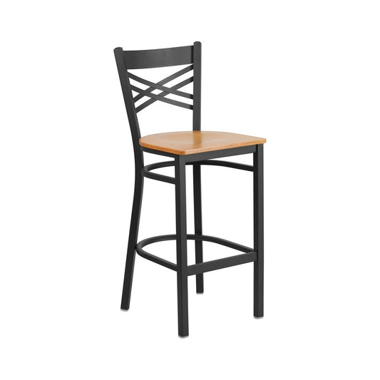 Black ''X'' Back Metal Restaurant Barstool - Natural Wood Seat