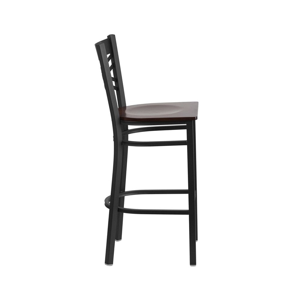 Black ''X'' Back Metal Restaurant Barstool - Walnut Wood Seat