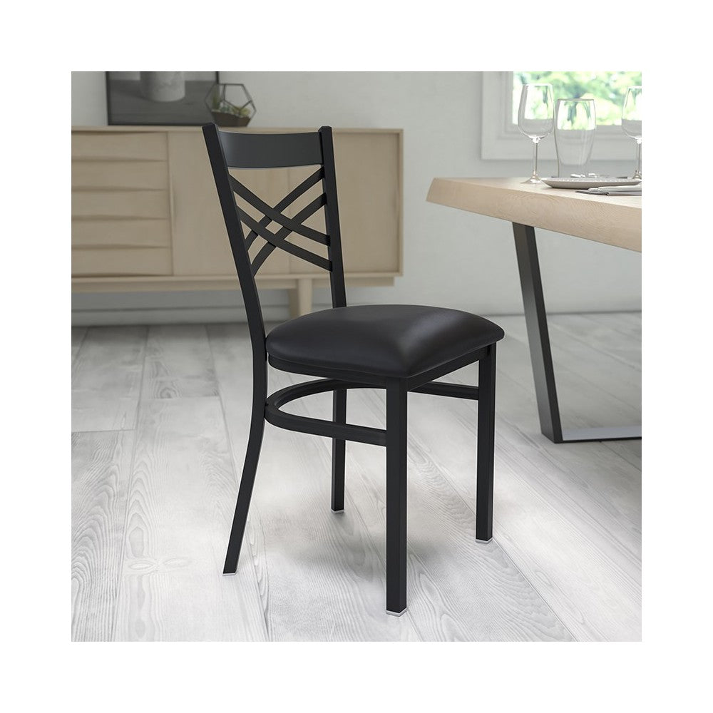 Black ''X'' Back Metal Restaurant Chair - Black Vinyl Seat