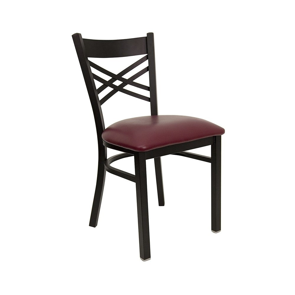 Black ''X'' Back Metal Restaurant Chair - Burgundy Vinyl Seat