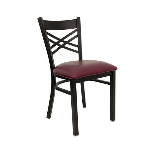 Black ''X'' Back Metal Restaurant Chair - Burgundy Vinyl Seat