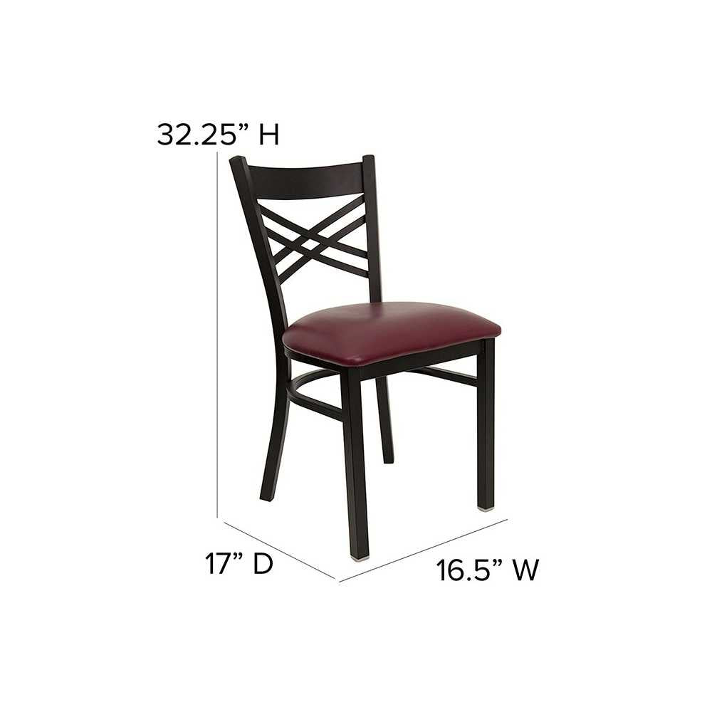 Black ''X'' Back Metal Restaurant Chair - Burgundy Vinyl Seat