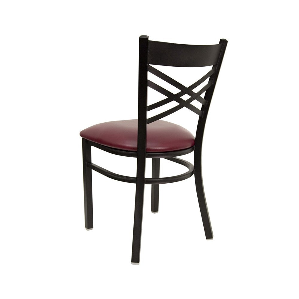 Black ''X'' Back Metal Restaurant Chair - Burgundy Vinyl Seat