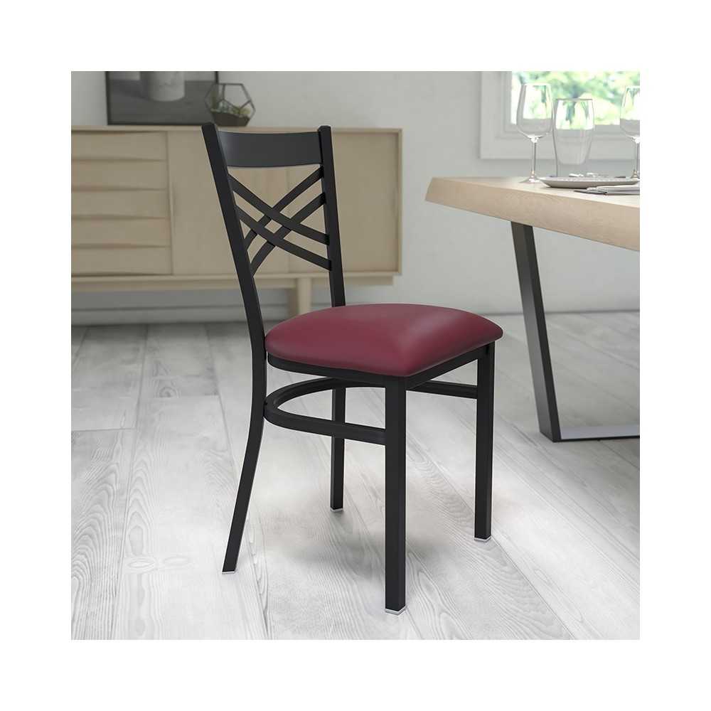Black ''X'' Back Metal Restaurant Chair - Burgundy Vinyl Seat