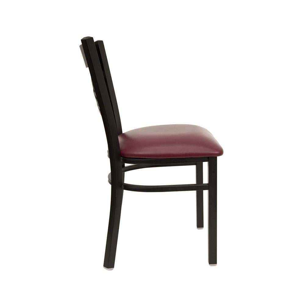 Black ''X'' Back Metal Restaurant Chair - Burgundy Vinyl Seat