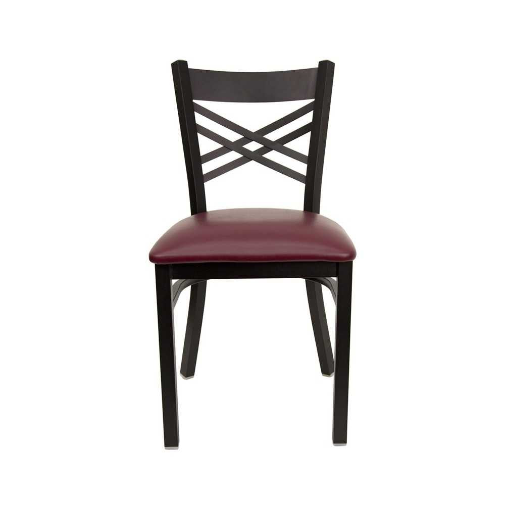 Black ''X'' Back Metal Restaurant Chair - Burgundy Vinyl Seat