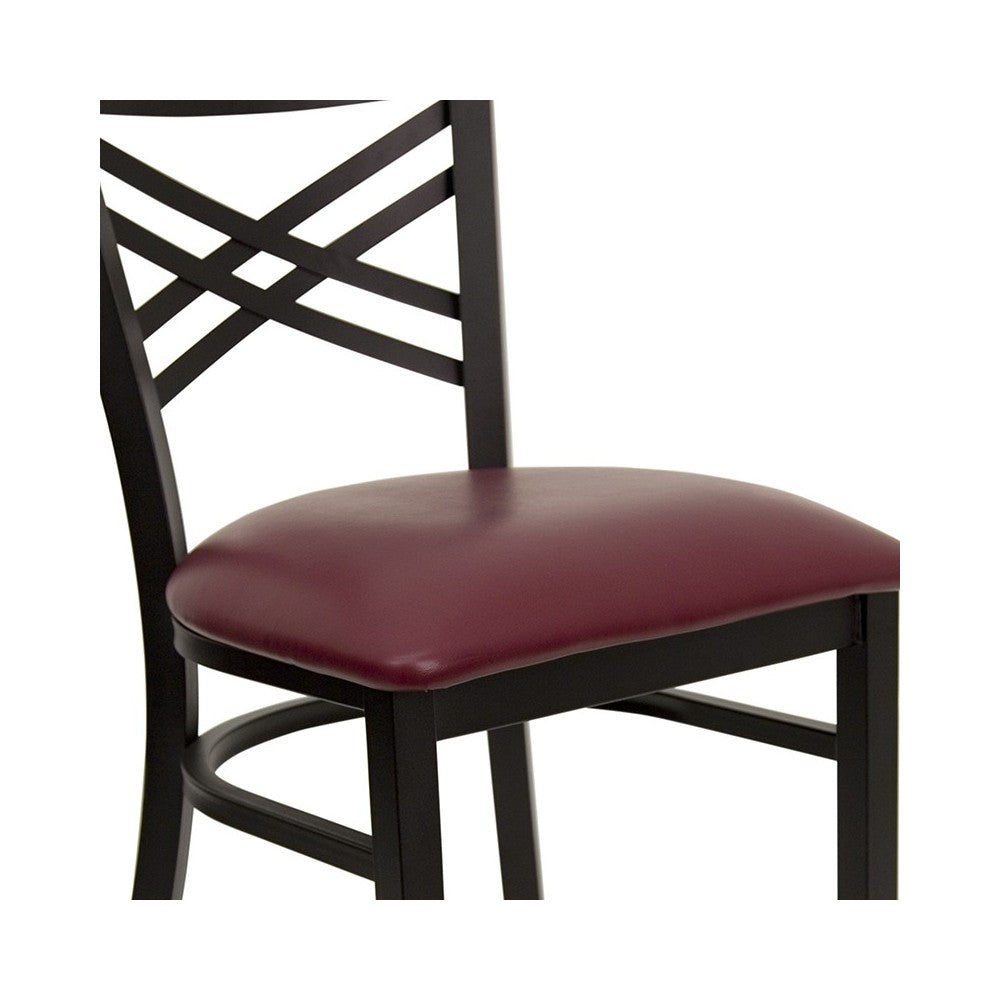 Black ''X'' Back Metal Restaurant Chair - Burgundy Vinyl Seat