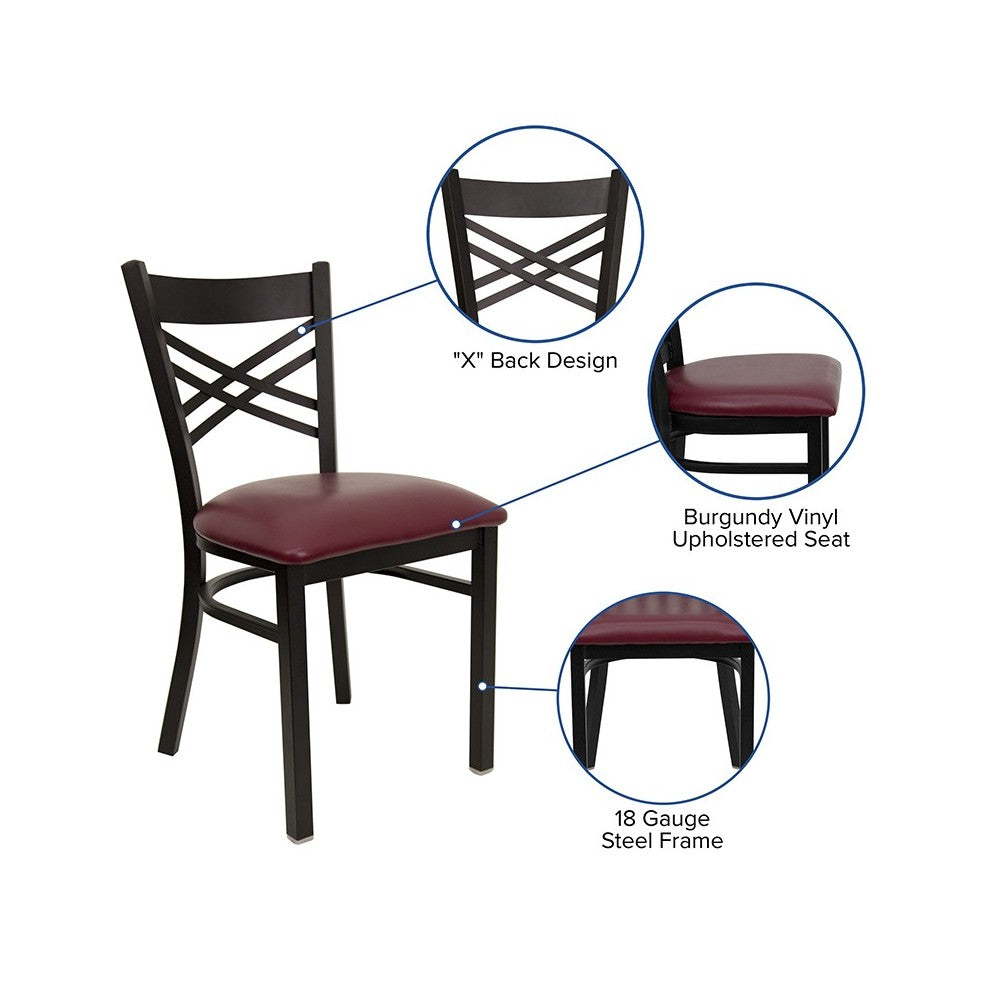 Black ''X'' Back Metal Restaurant Chair - Burgundy Vinyl Seat
