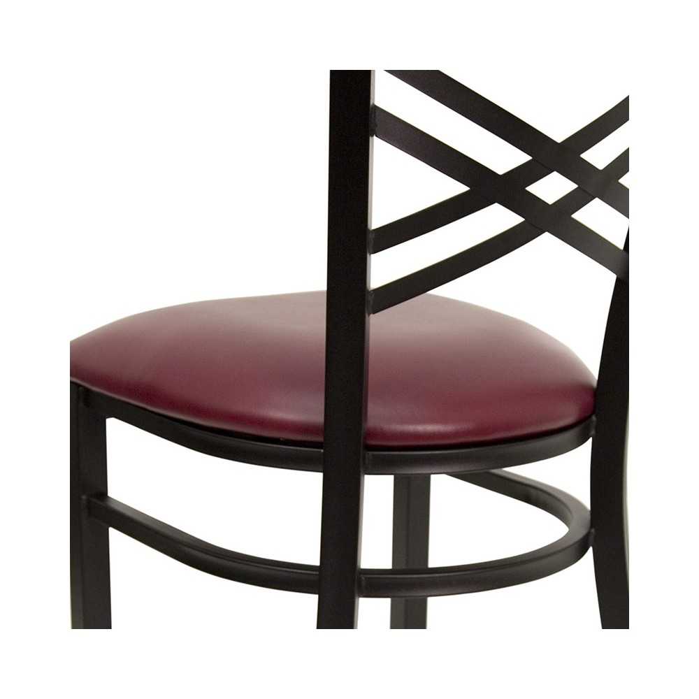 Black ''X'' Back Metal Restaurant Chair - Burgundy Vinyl Seat