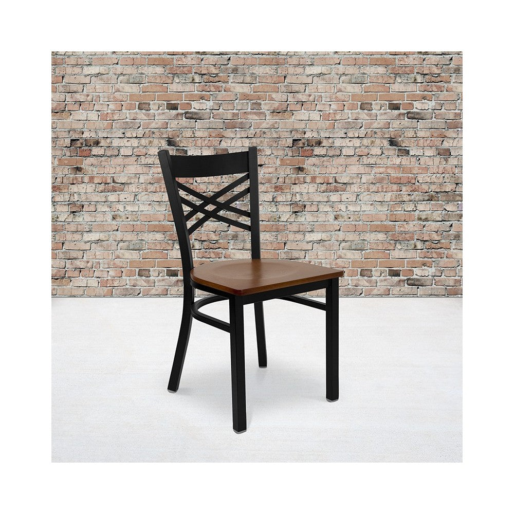 Black ''X'' Back Metal Restaurant Chair - Cherry Wood Seat