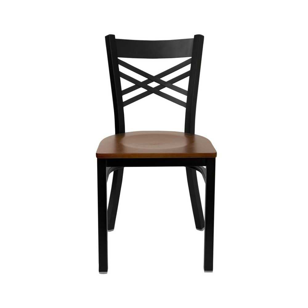 Black ''X'' Back Metal Restaurant Chair - Cherry Wood Seat