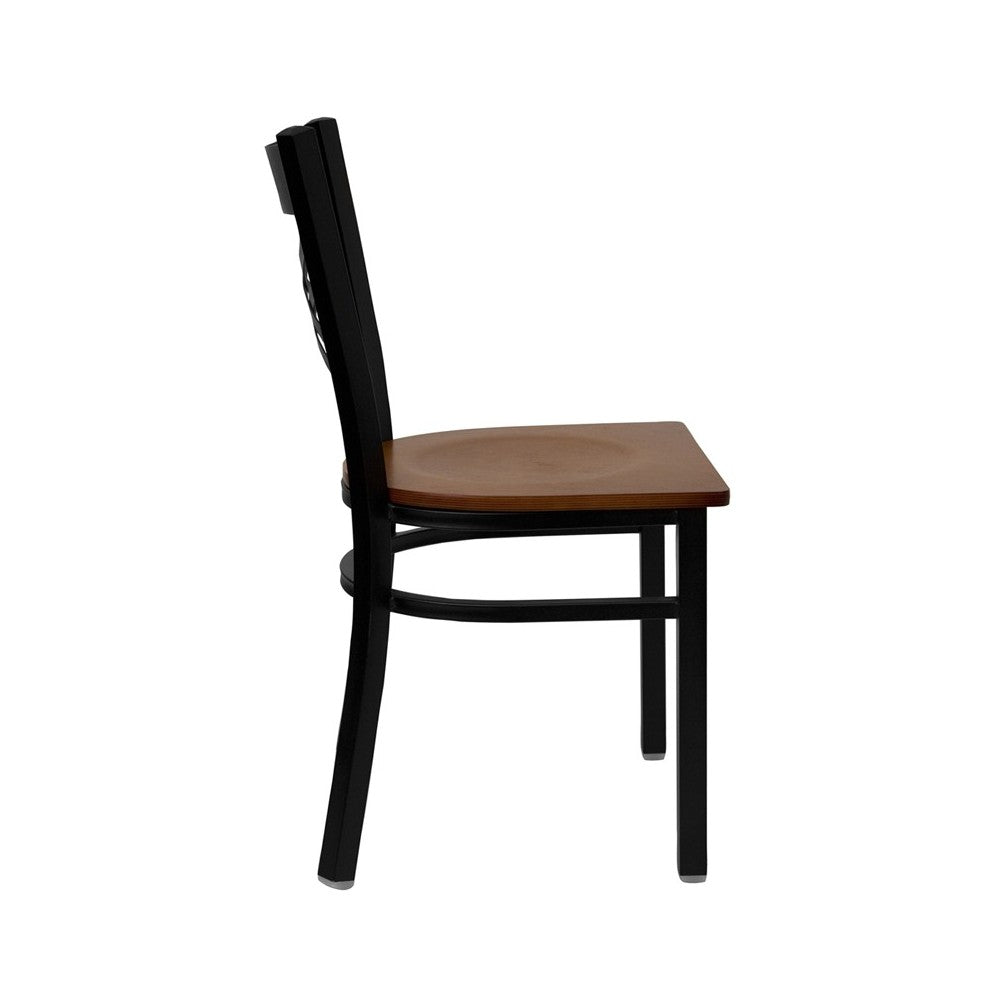 Black ''X'' Back Metal Restaurant Chair - Cherry Wood Seat