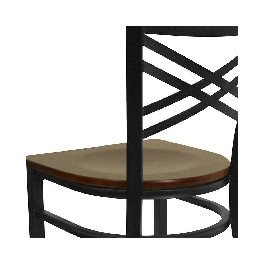 Black ''X'' Back Metal Restaurant Chair - Mahogany Wood Seat