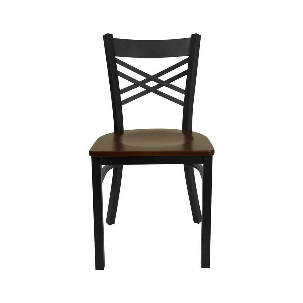 Black ''X'' Back Metal Restaurant Chair - Mahogany Wood Seat