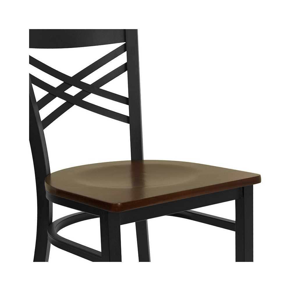 Black ''X'' Back Metal Restaurant Chair - Mahogany Wood Seat