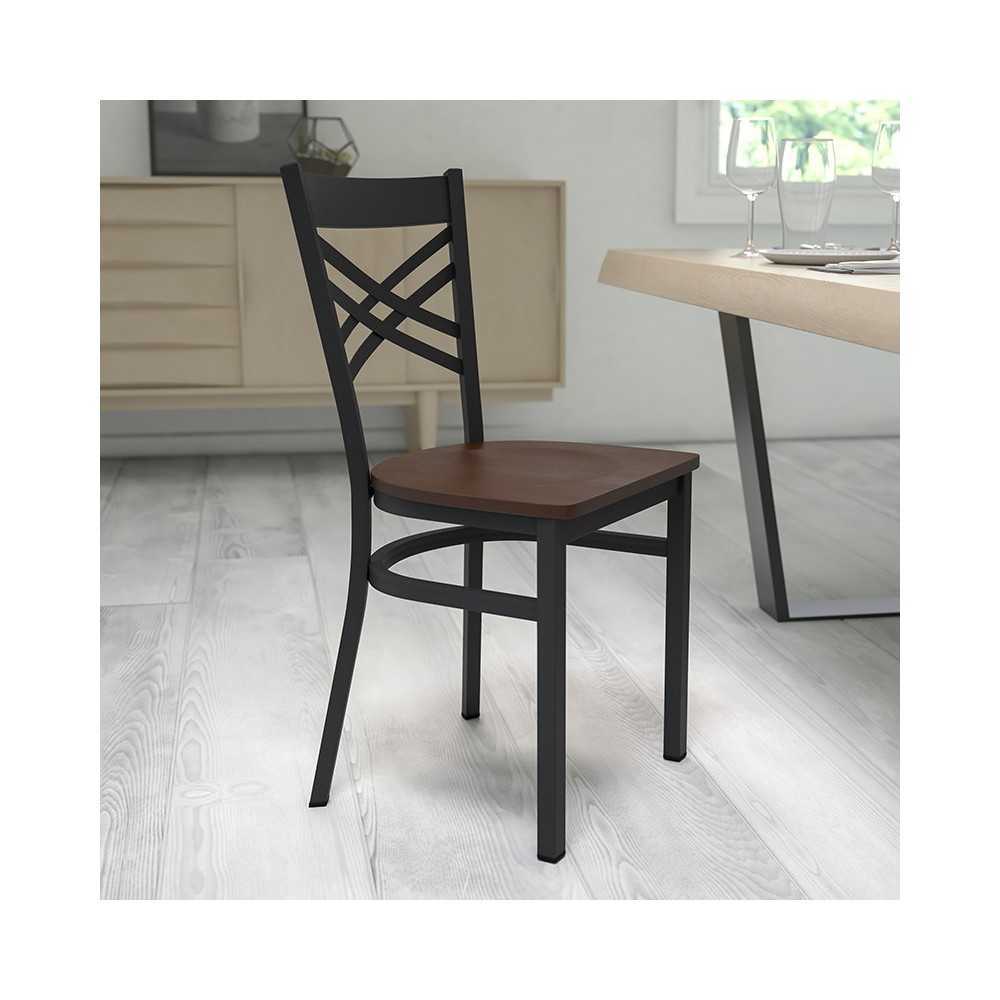 Black ''X'' Back Metal Restaurant Chair - Mahogany Wood Seat