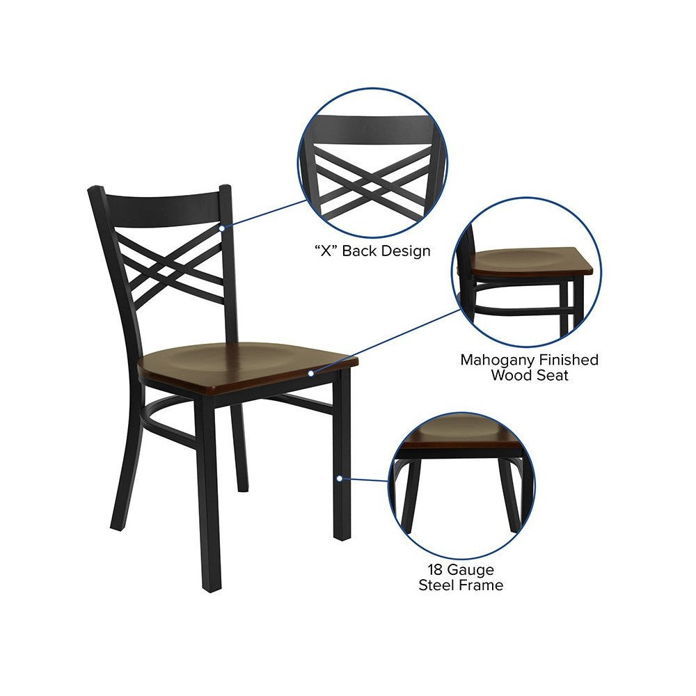 Black ''X'' Back Metal Restaurant Chair - Mahogany Wood Seat