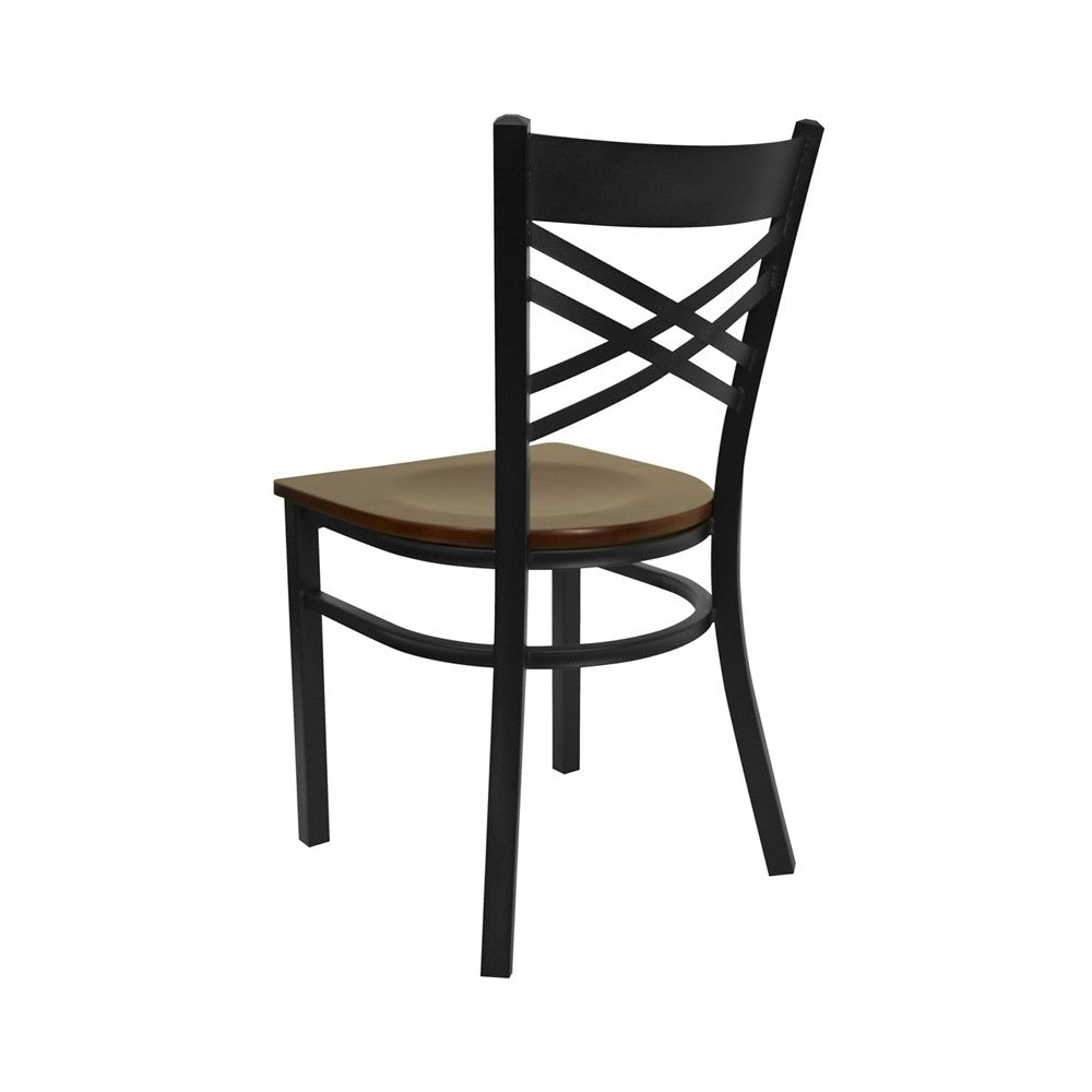 Black ''X'' Back Metal Restaurant Chair - Mahogany Wood Seat