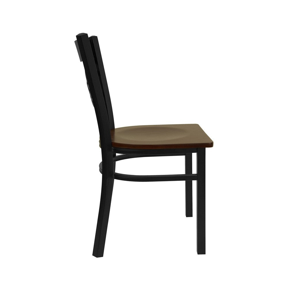 Black ''X'' Back Metal Restaurant Chair - Mahogany Wood Seat