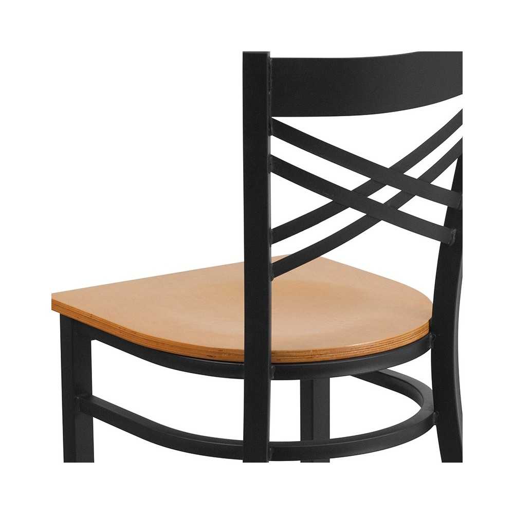Black ''X'' Back Metal Restaurant Chair - Natural Wood Seat