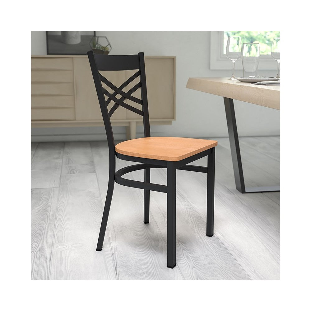 Black ''X'' Back Metal Restaurant Chair - Natural Wood Seat