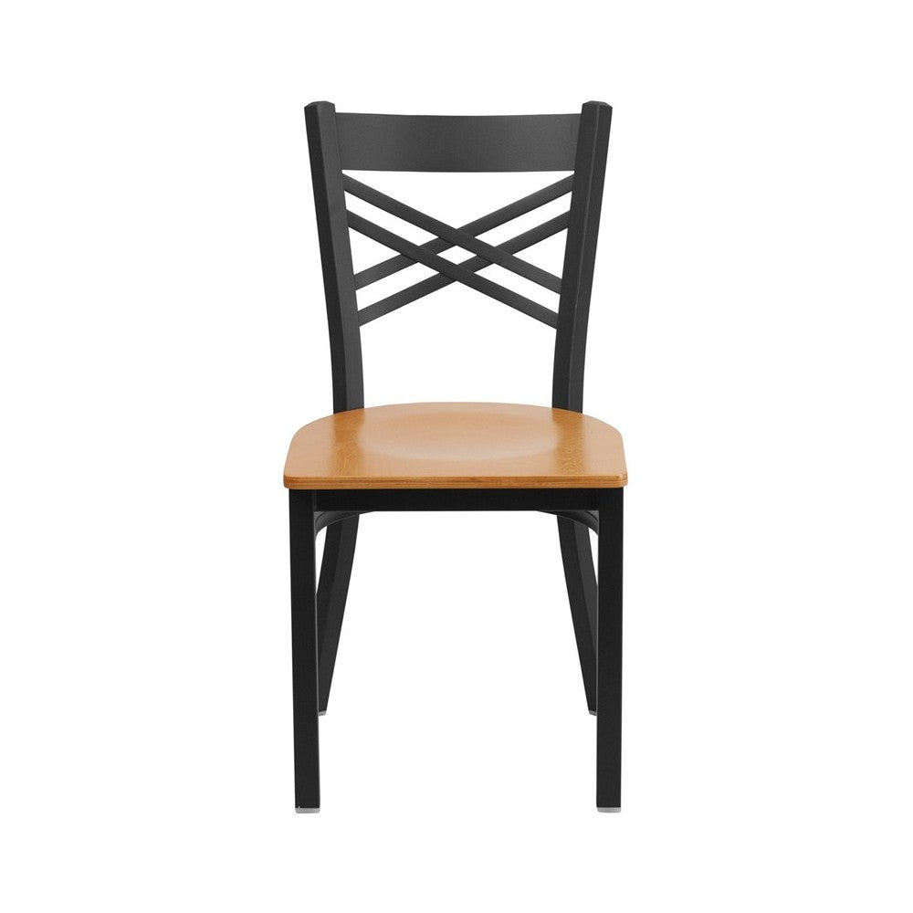 Black ''X'' Back Metal Restaurant Chair - Natural Wood Seat