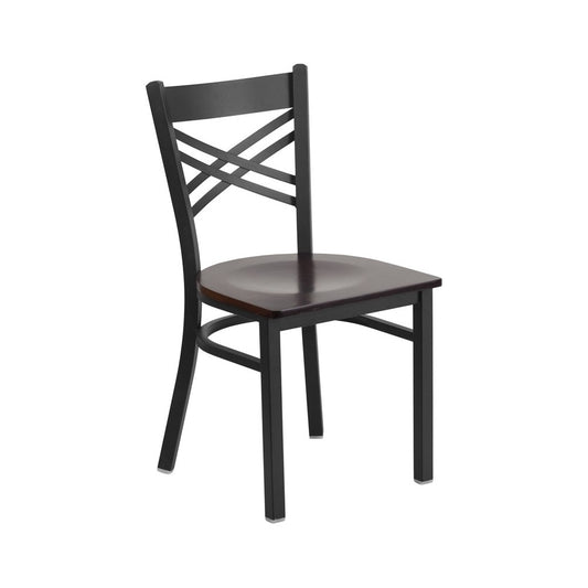 Black ''X'' Back Metal Restaurant Chair - Walnut Wood Seat
