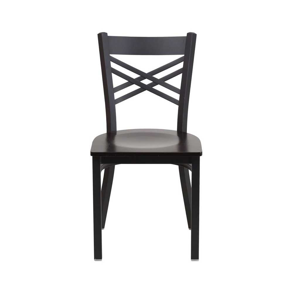 Black ''X'' Back Metal Restaurant Chair - Walnut Wood Seat