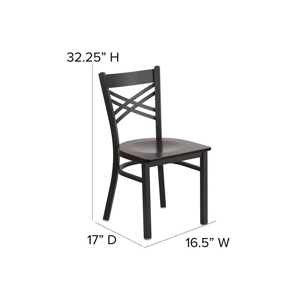 Black ''X'' Back Metal Restaurant Chair - Walnut Wood Seat