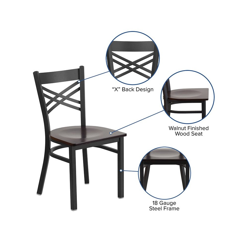 Black ''X'' Back Metal Restaurant Chair - Walnut Wood Seat