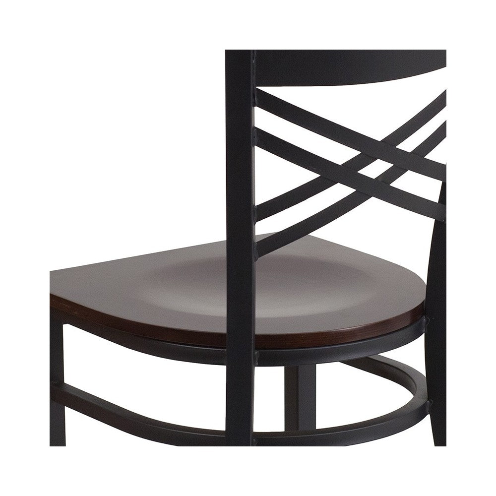 Black ''X'' Back Metal Restaurant Chair - Walnut Wood Seat