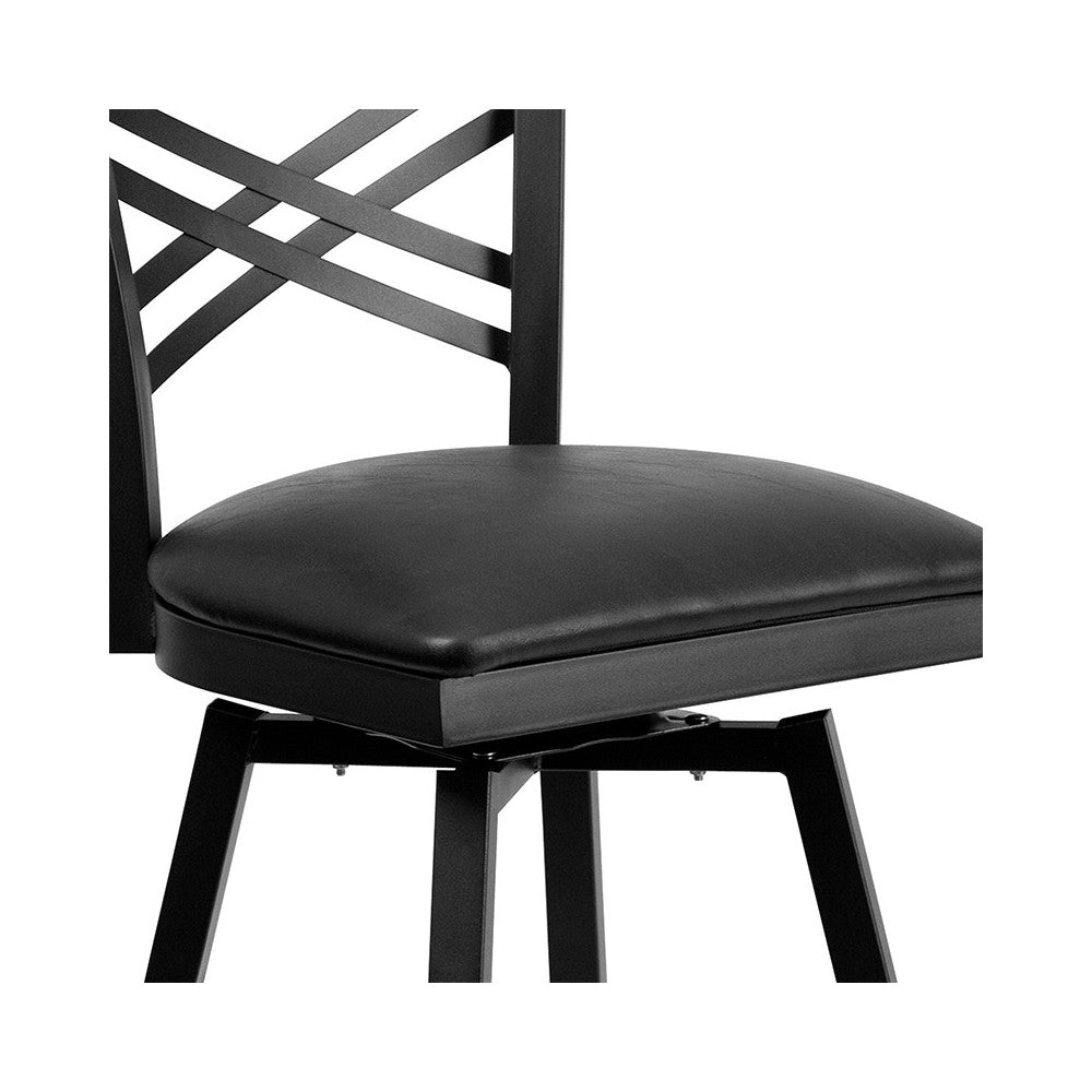 Black ''X'' Back Swivel Metal Barstool - Black Vinyl Seat
