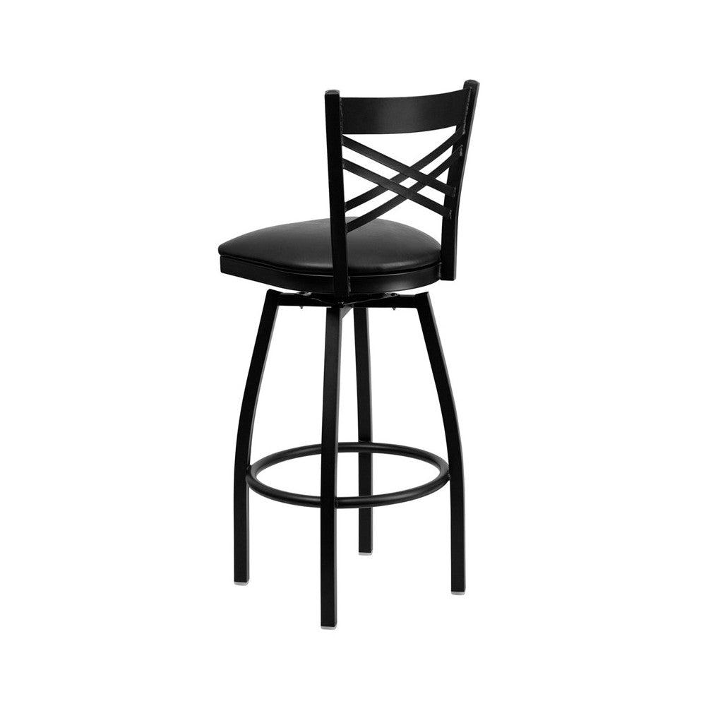 Black ''X'' Back Swivel Metal Barstool - Black Vinyl Seat