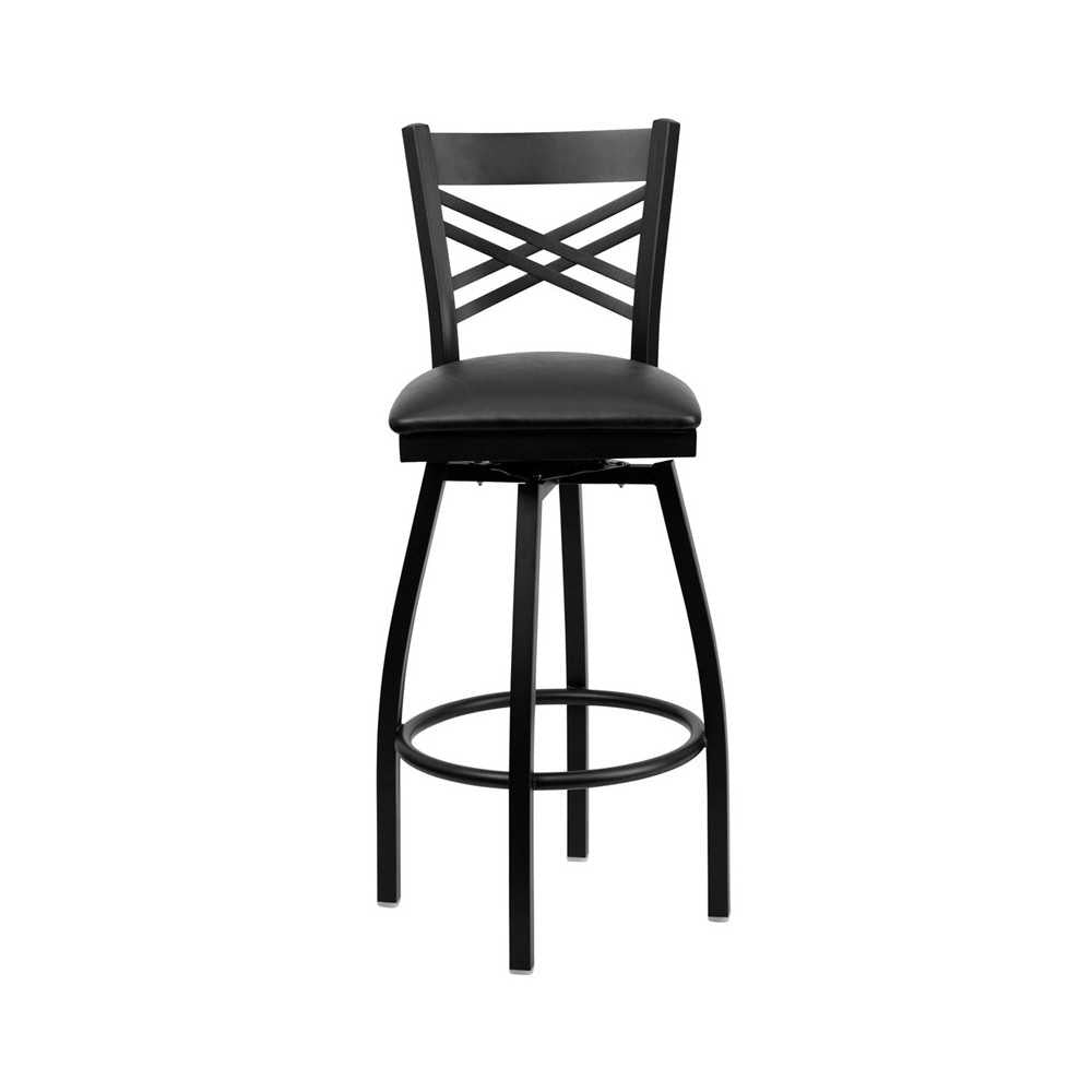 Black ''X'' Back Swivel Metal Barstool - Black Vinyl Seat