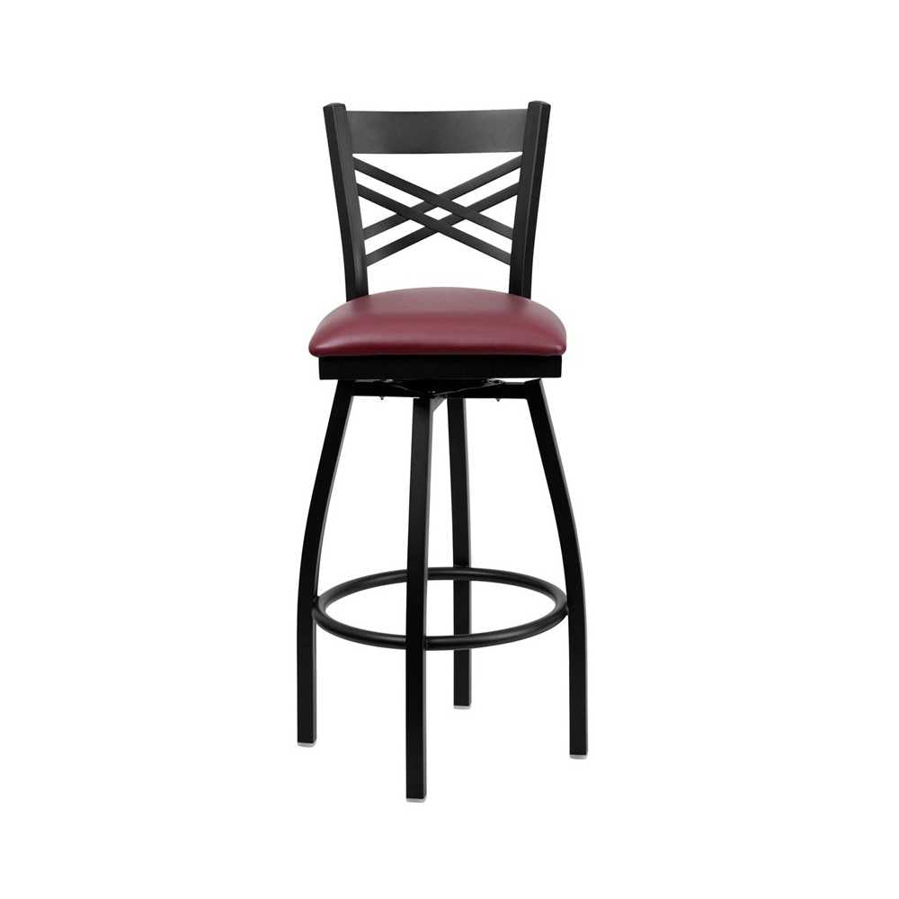 Black ''X'' Back Swivel Metal Barstool - Burgundy Vinyl Seat