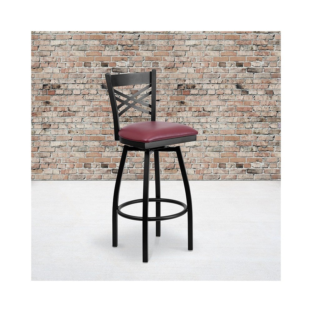 Black ''X'' Back Swivel Metal Barstool - Burgundy Vinyl Seat