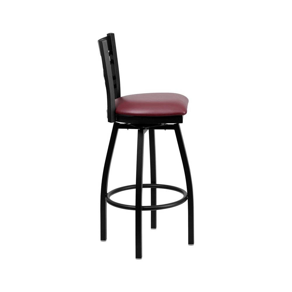 Black ''X'' Back Swivel Metal Barstool - Burgundy Vinyl Seat