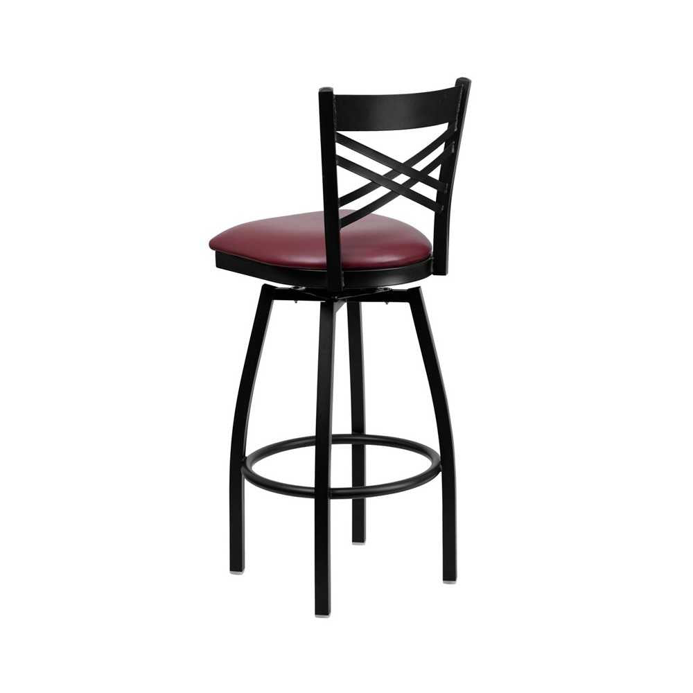 Black ''X'' Back Swivel Metal Barstool - Burgundy Vinyl Seat