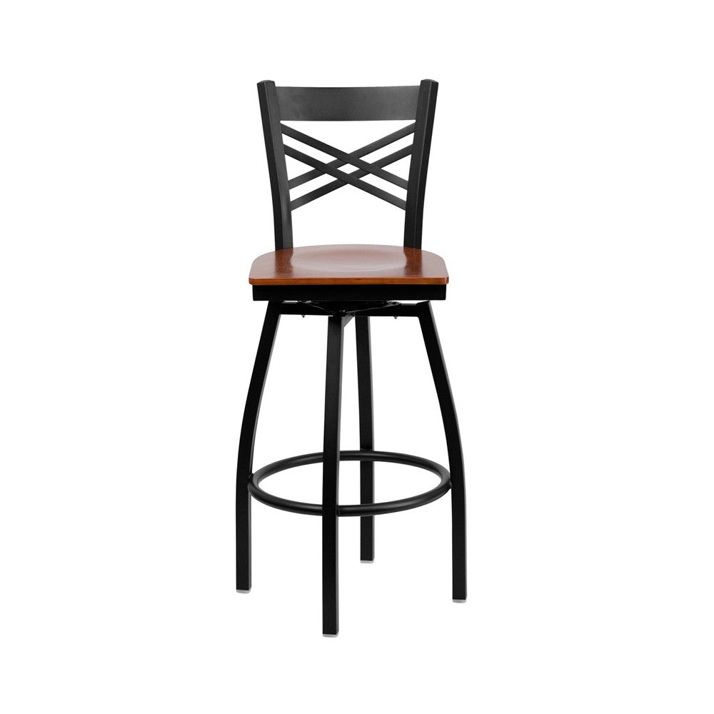 Black ''X'' Back Swivel Metal Barstool - Cherry Wood Seat