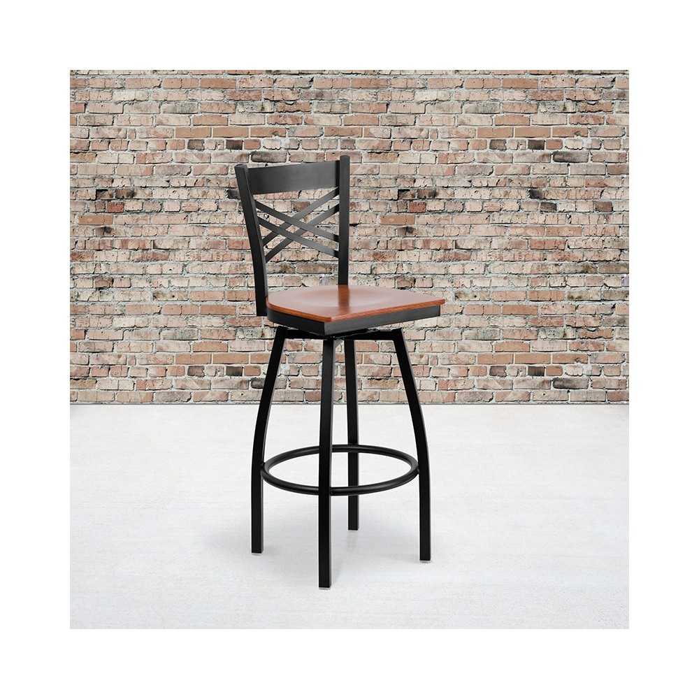 Black ''X'' Back Swivel Metal Barstool - Cherry Wood Seat