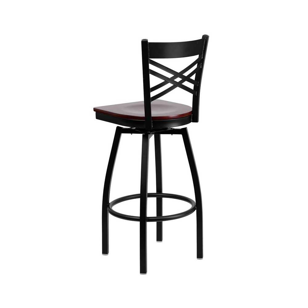 Black ''X'' Back Swivel Metal Barstool - Mahogany Wood Seat