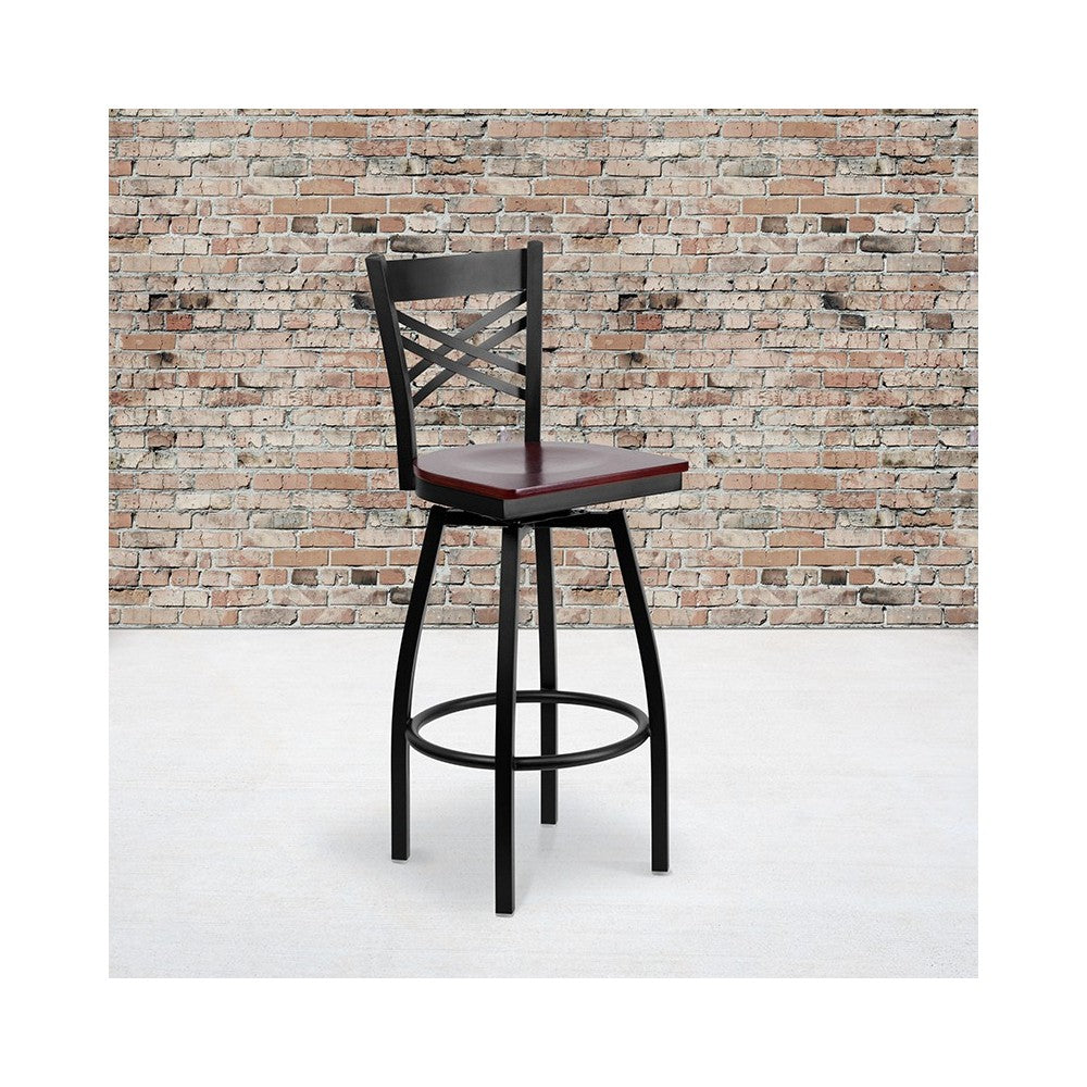 Black ''X'' Back Swivel Metal Barstool - Mahogany Wood Seat