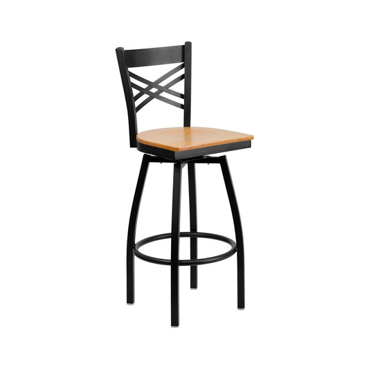 Black ''X'' Back Swivel Metal Barstool - Natural Wood Seat