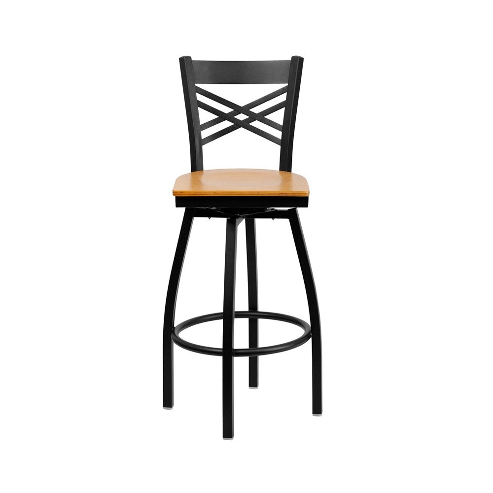 Black ''X'' Back Swivel Metal Barstool - Natural Wood Seat