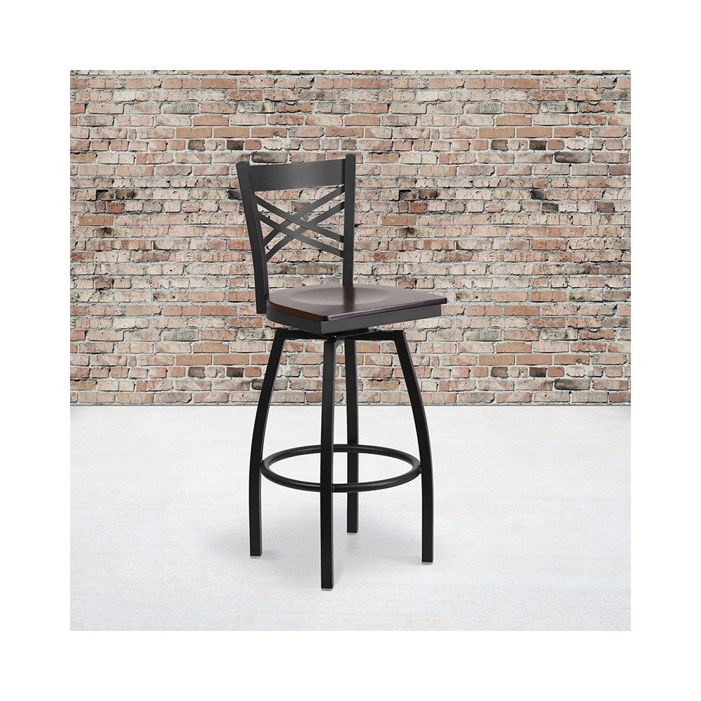 Black ''X'' Back Swivel Metal Barstool - Walnut Wood Seat
