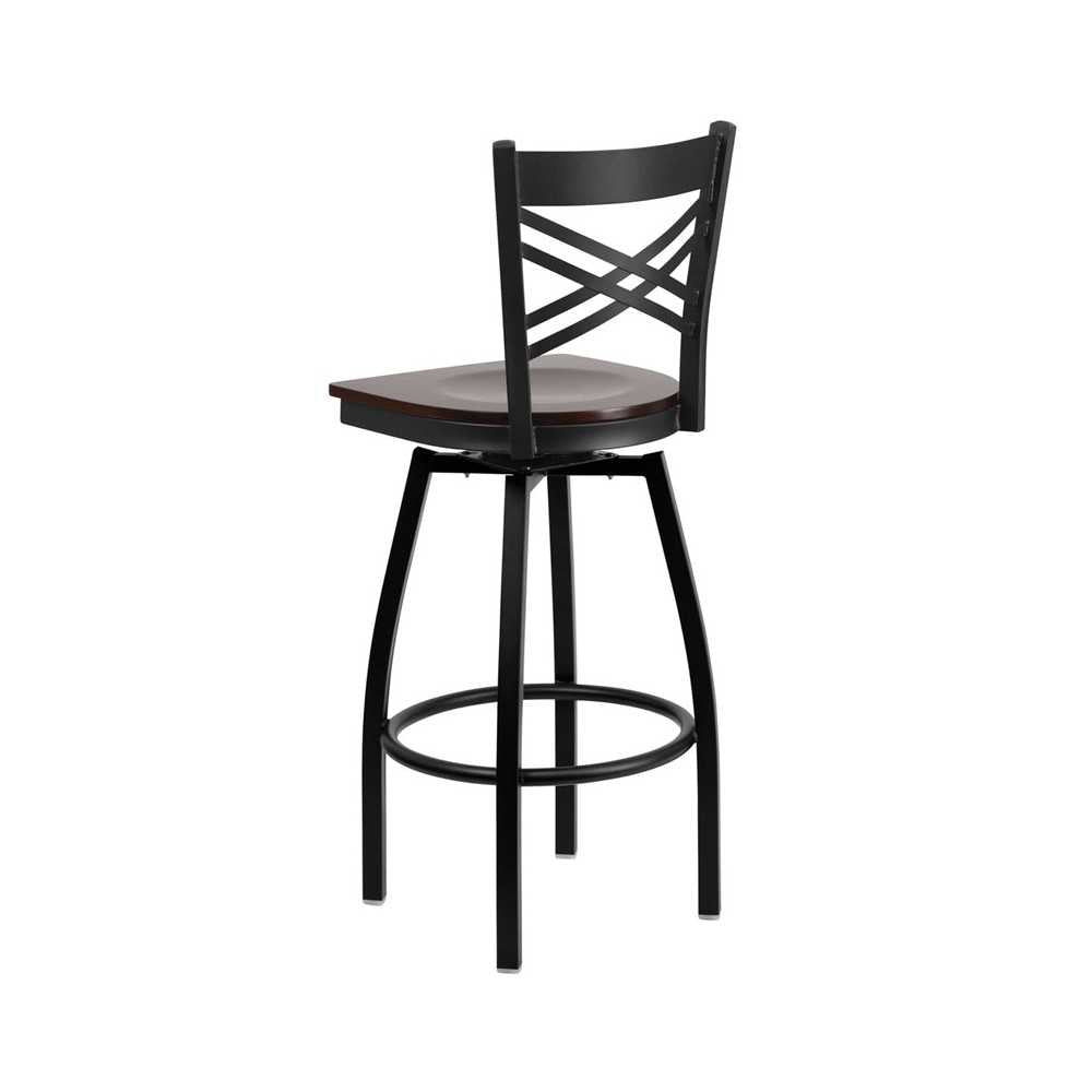 Black ''X'' Back Swivel Metal Barstool - Walnut Wood Seat