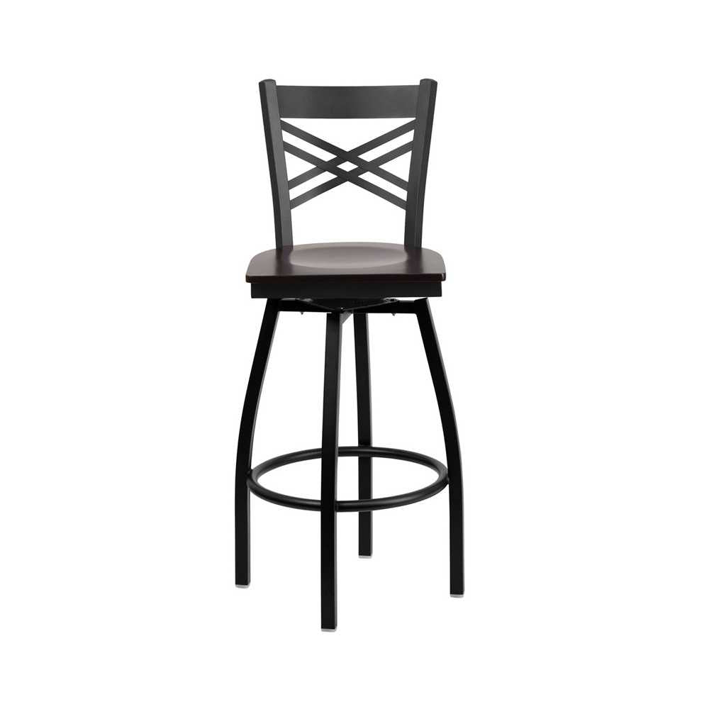 Black ''X'' Back Swivel Metal Barstool - Walnut Wood Seat