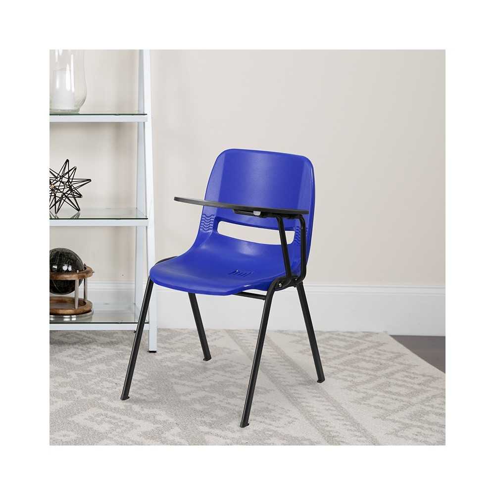 Blue Ergonomic Shell Chair with Left Handed Flip-Up Tablet Arm