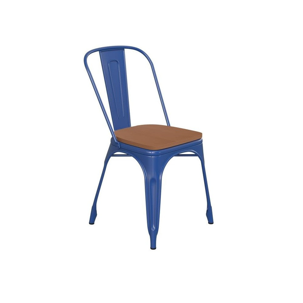Blue Metal Chair-Teak Seat