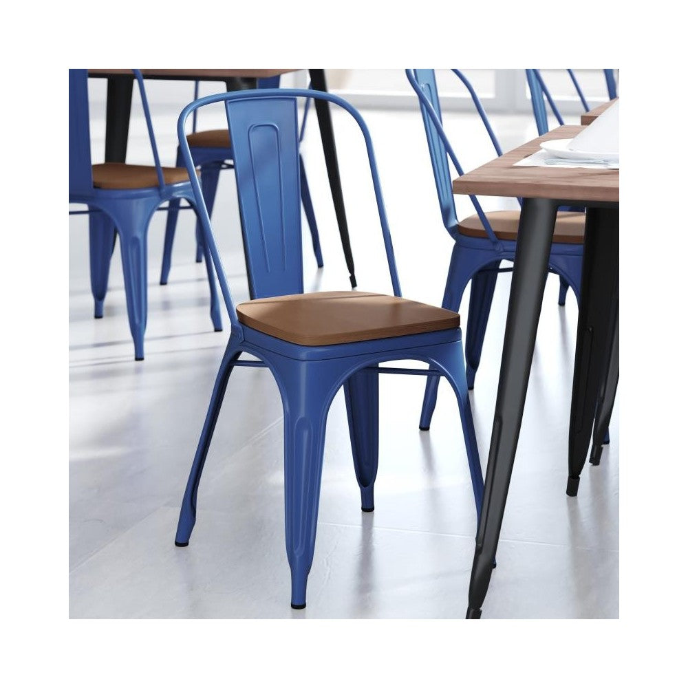Blue Metal Chair-Teak Seat